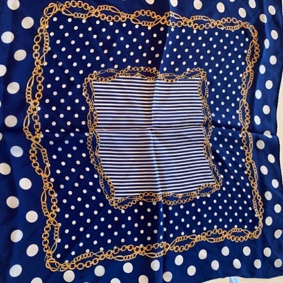 Women Silky Scarf Square Chain Print Polka Dot Navy Blue Head Scarf Satin Shawl - Picture 4 of 4